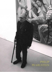 Photo of Philip Pearlstein standing in front of one of his Oil paintings